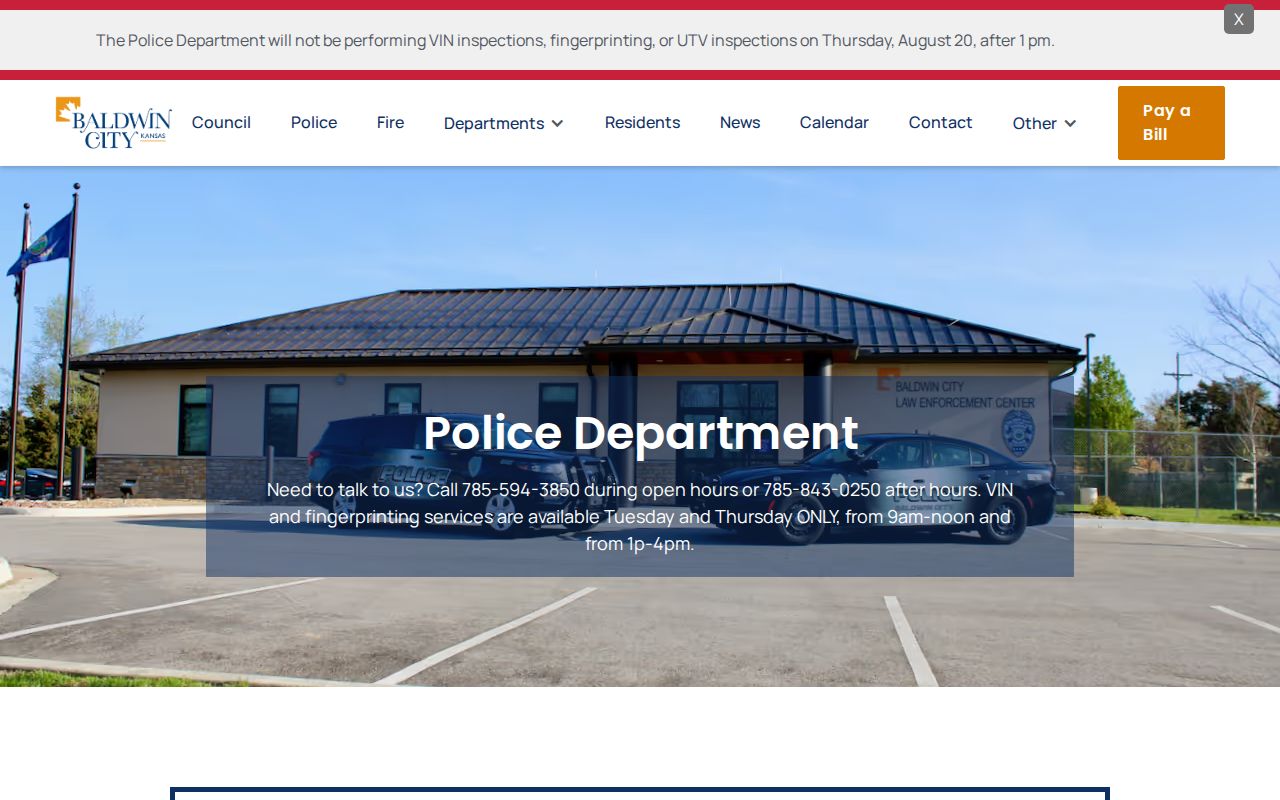 Baldwin City Police Department arrest records contact page
